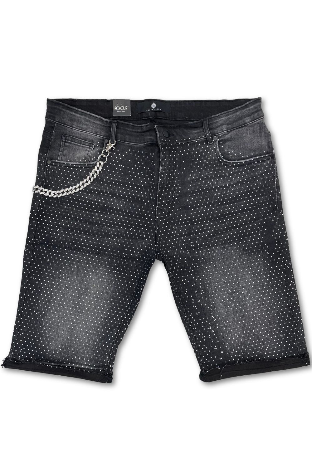 Focus Rhinestone Jean Shorts - Black Wash