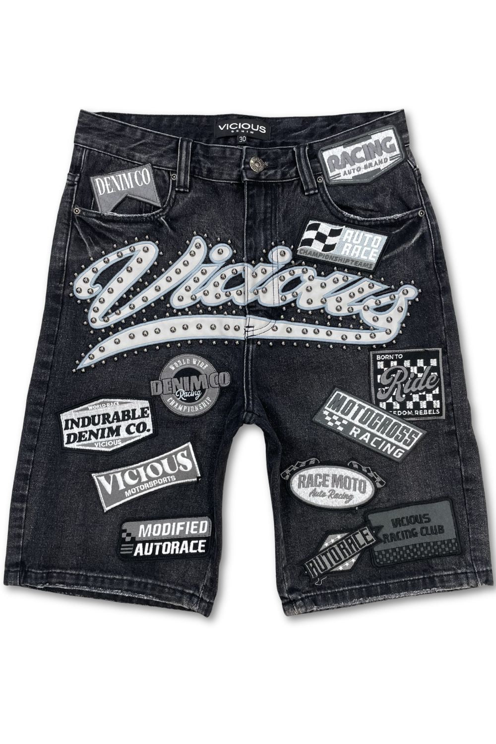 Vicious Patch Denim Jean Shorts - Black