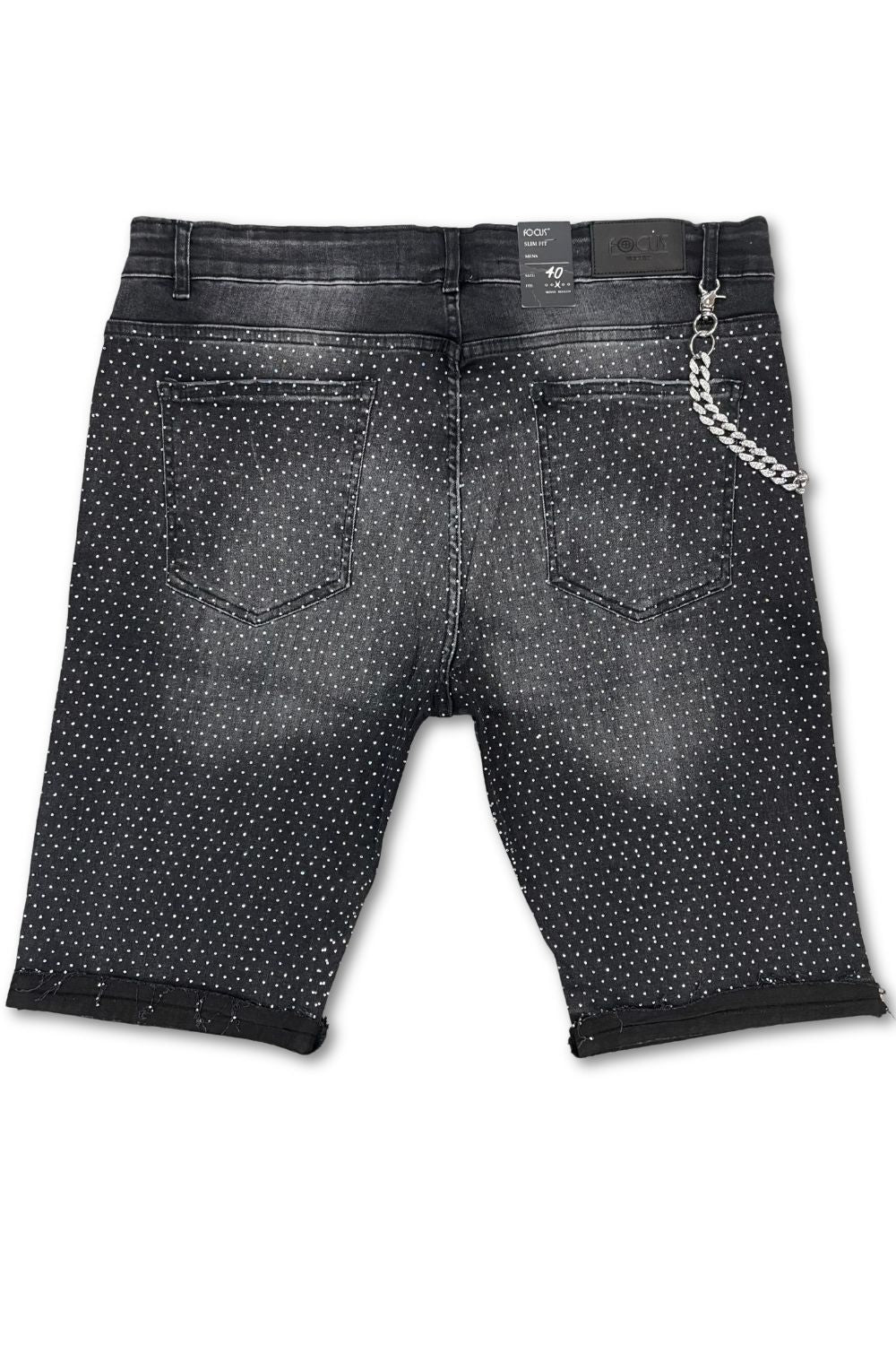 Focus Rhinestone Jean Shorts - Black Wash