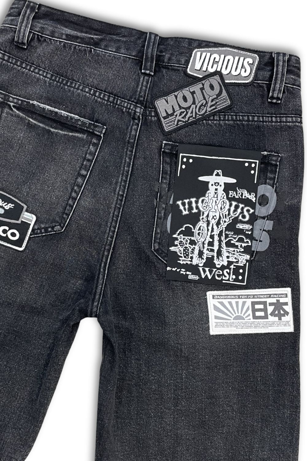 Vicious Patch Denim Jean Shorts - Black