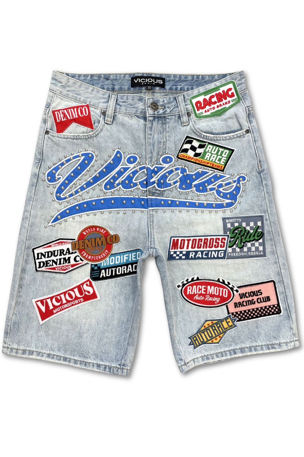 Vicious Patch Denim Jean Shorts - Blue