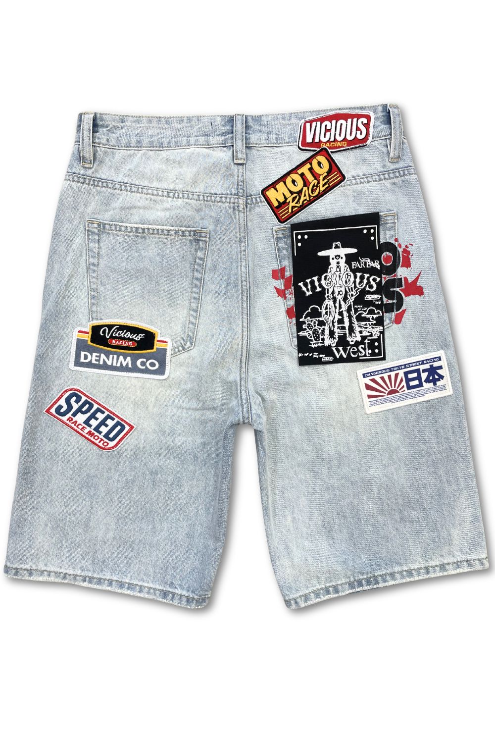 Vicious Patch Denim Jean Shorts - Blue