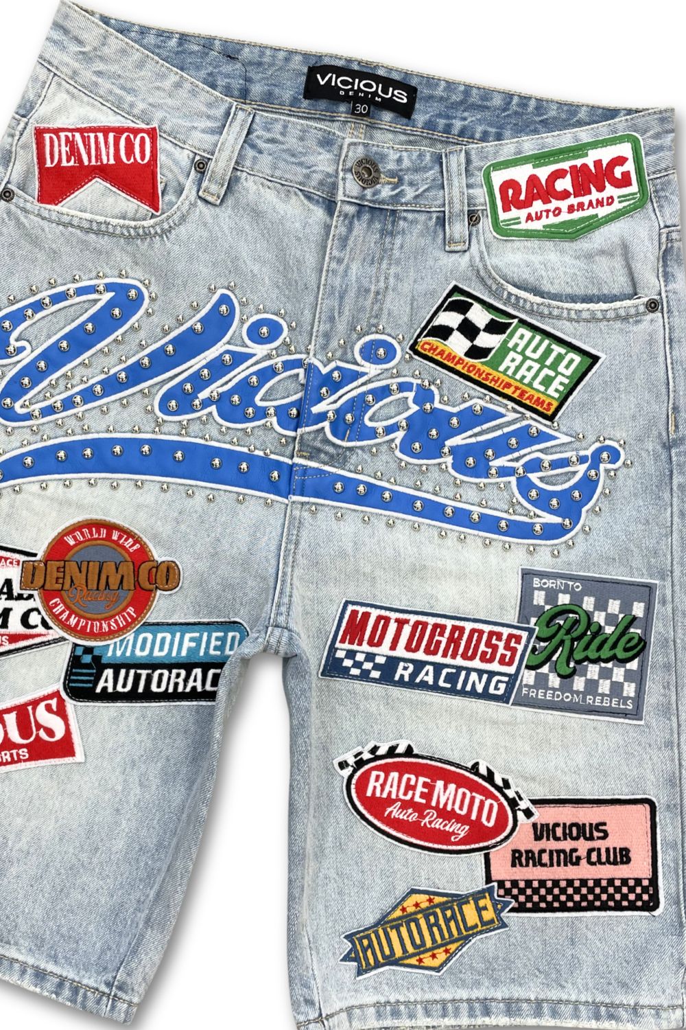 Vicious Patch Denim Jean Shorts - Blue