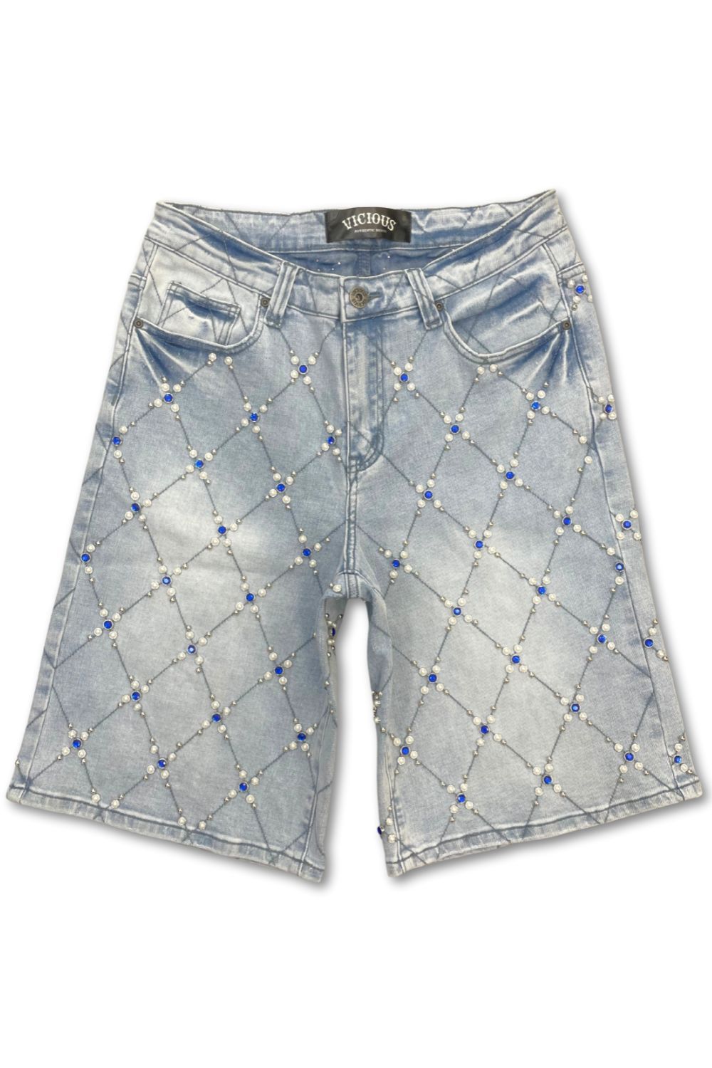 Vicious Denim Embellished Denim Jean Shorts- Blue