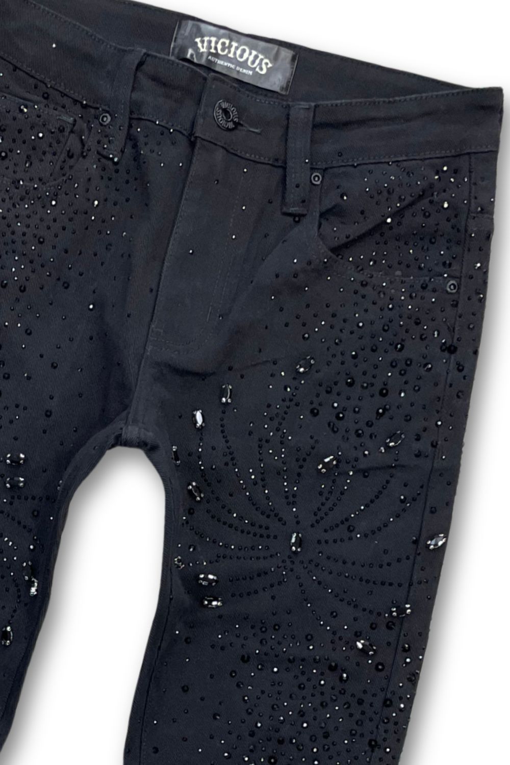 Vicious Denim Embellished Rhinestone Stacked Jeans - Black