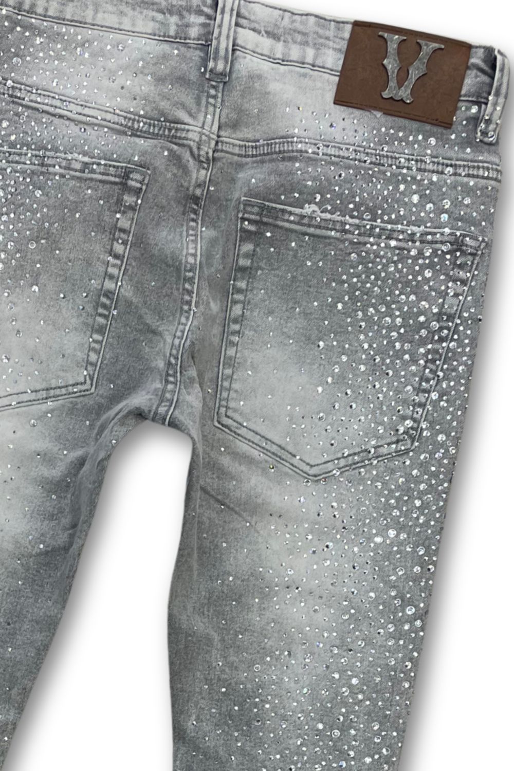Vicious Denim Embellished Rhinestone Stacked Jeans - Grey
