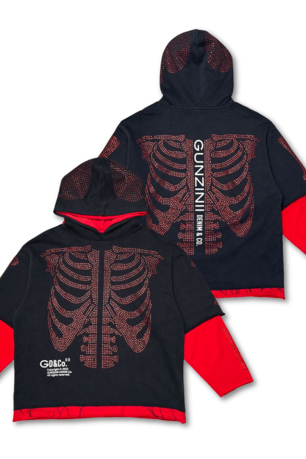Gunzinii -Rhinestone Skeleton Cropped Hoodie
