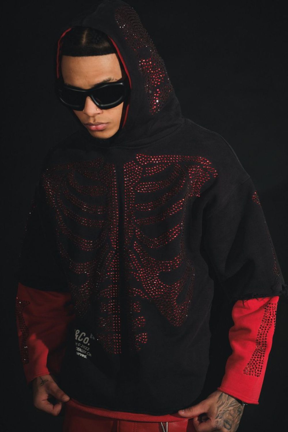 Gunzinii -Rhinestone Skeleton Cropped Hoodie