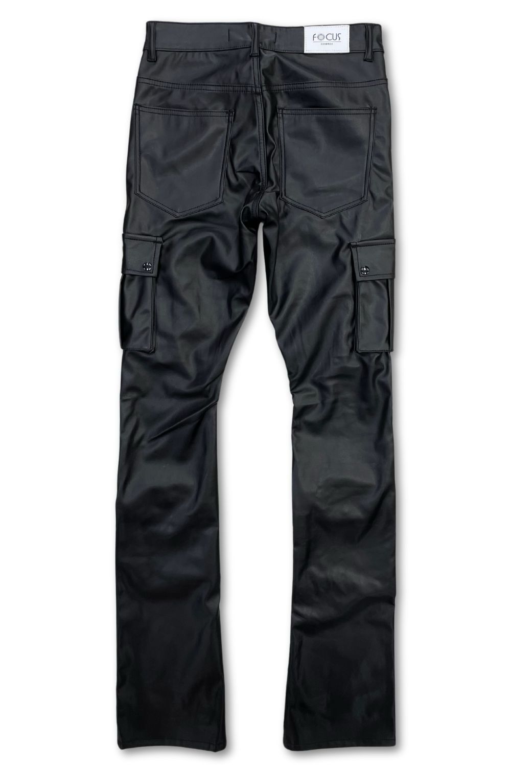Focus -PU Leather Stacked Cargo Pants - Black