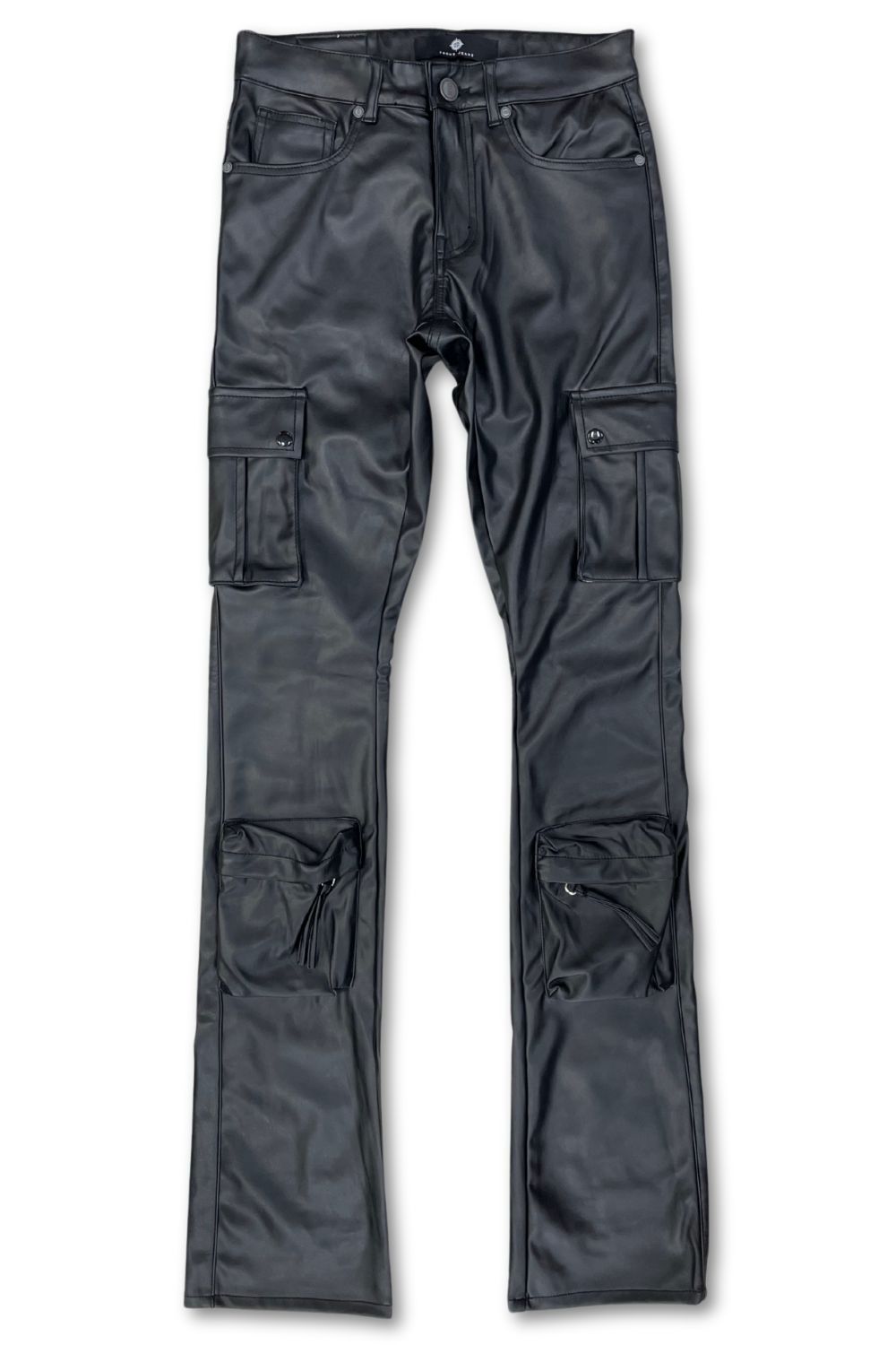 Focus -PU Leather Stacked Cargo Pants - Black