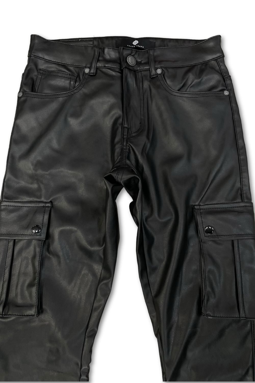 Focus -PU Leather Stacked Cargo Pants - Black