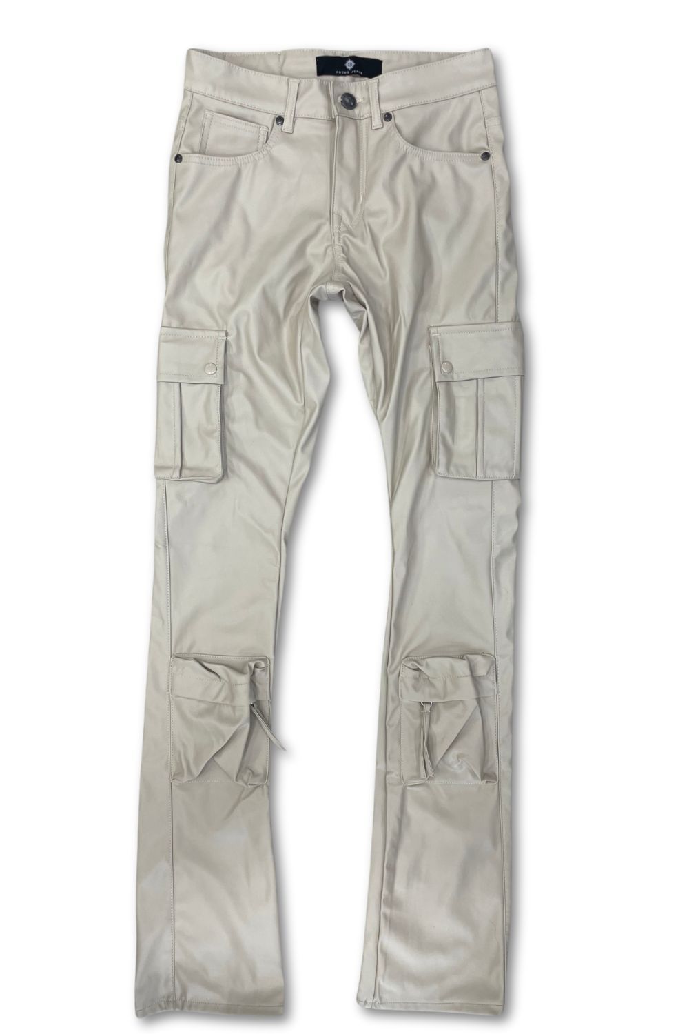 Focus -PU Leather Stacked Cargo Pants - Stone