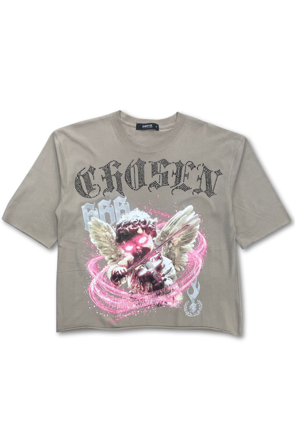 Chosen Rhinestone Cropped Graphic T - Shirt - Beige