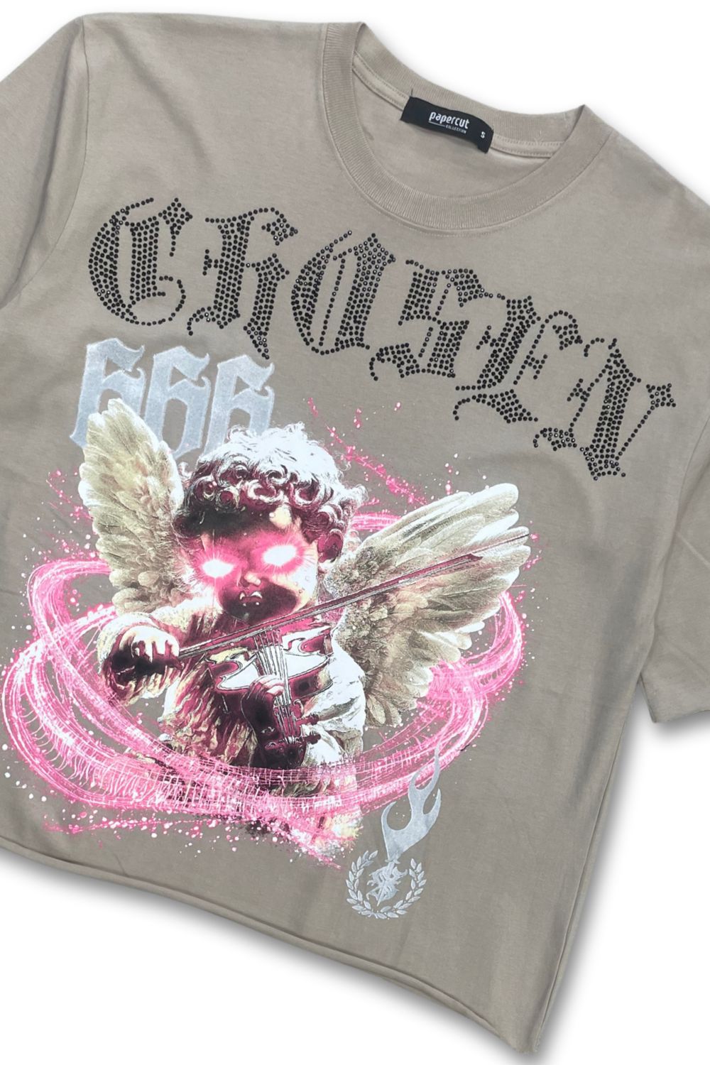 Chosen Rhinestone Cropped Graphic T - Shirt - Beige
