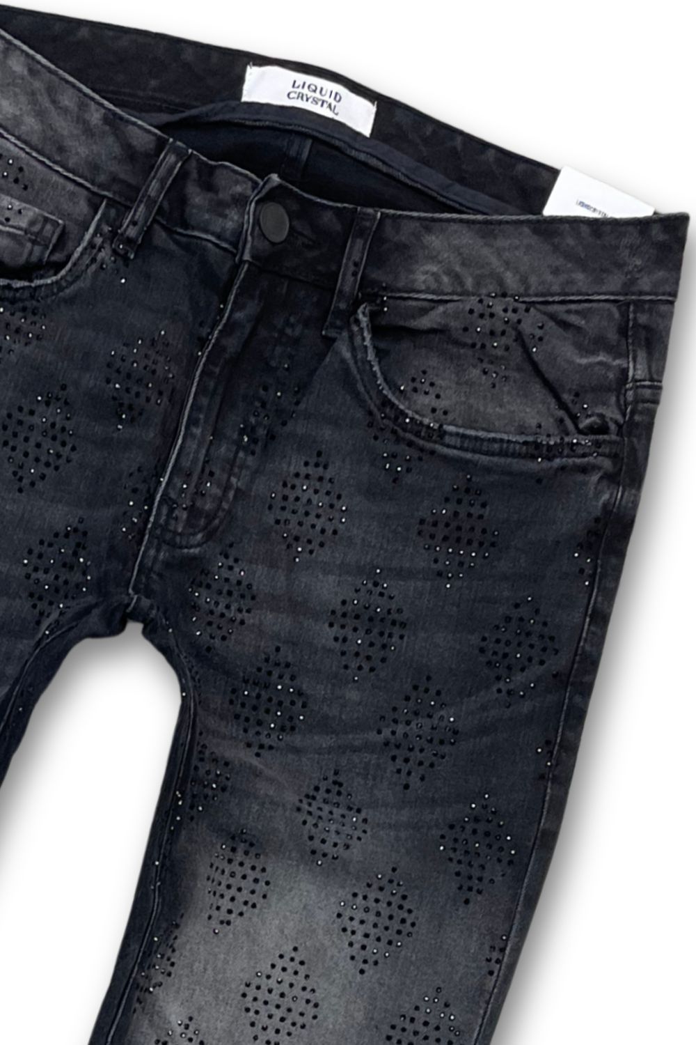 Liquid Crystal Rhinestone Stacked Jeans - Black Shadow