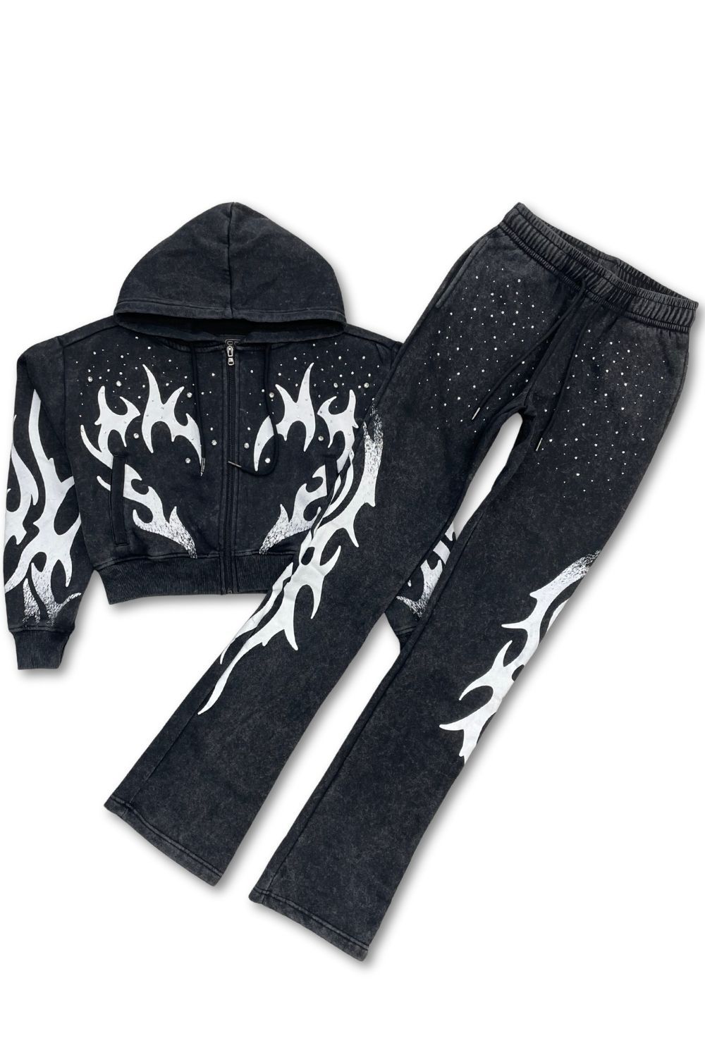 Women’s Red Fox Embellished Rhinestone Stacked Sweatsuit - Black