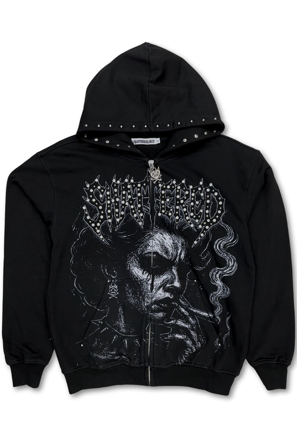 Shattered Hearts Anxiety Smokes Studded Zip-Up Hoodie