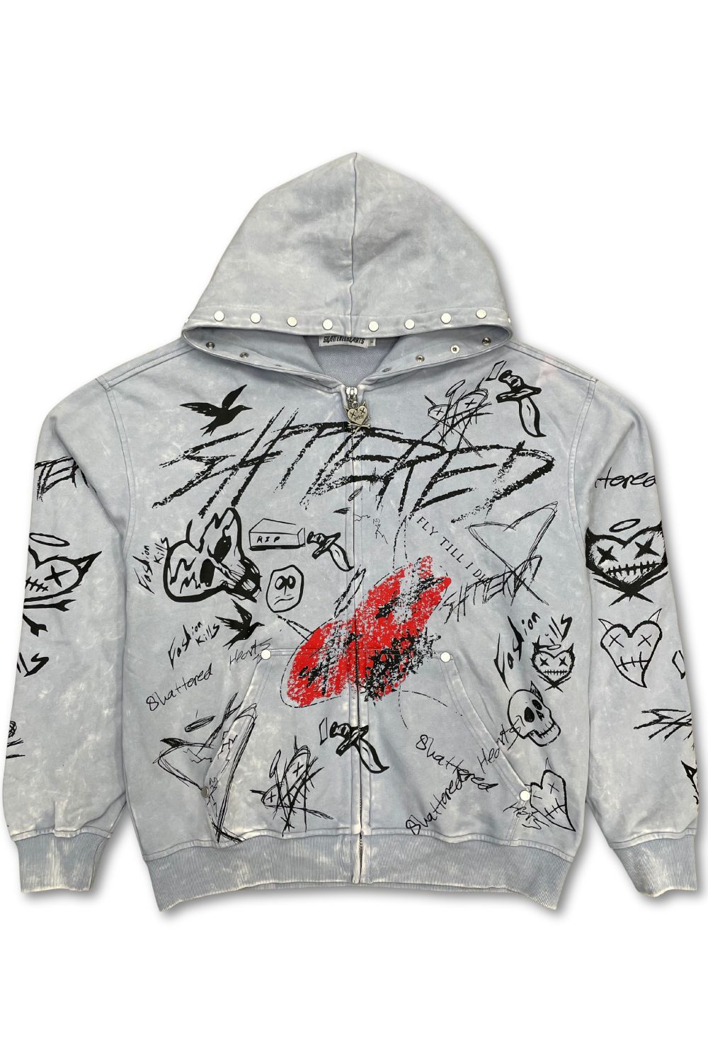Shattered Hearts Doodle Studded Zip-Up Hoodie