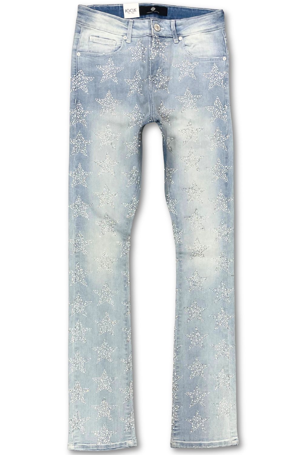 Focus Rhinestone Stars Stacked Jeans - Sky Blue