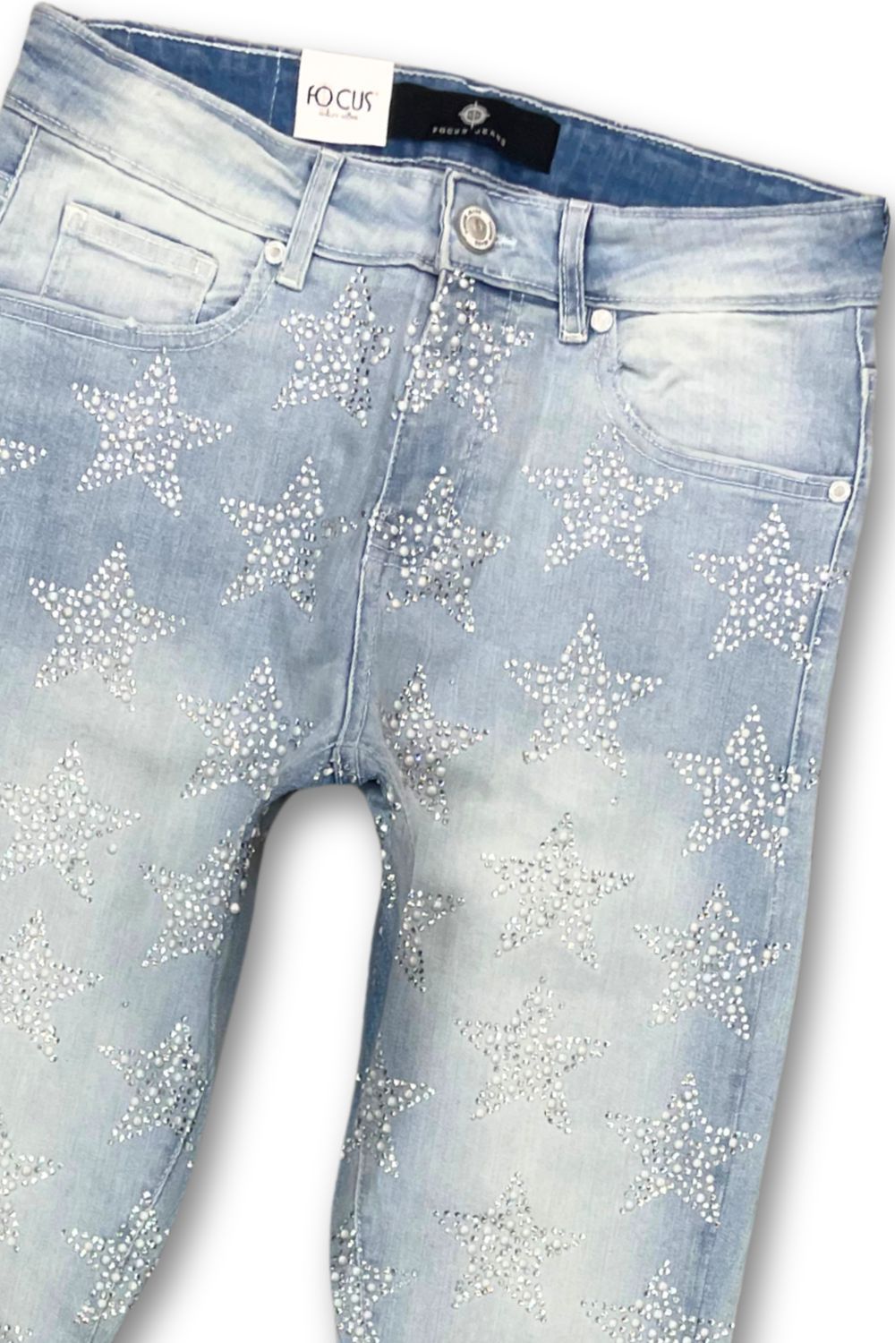 Focus Rhinestone Stars Stacked Jeans - Sky Blue