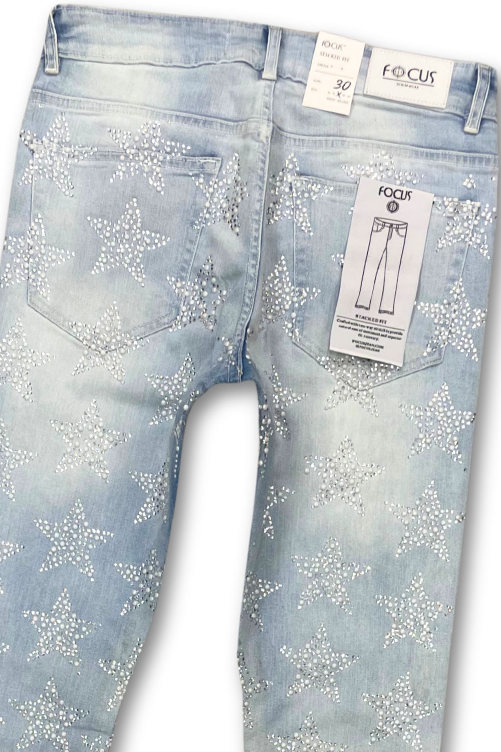 Focus Rhinestone Stars Stacked Jeans - Sky Blue