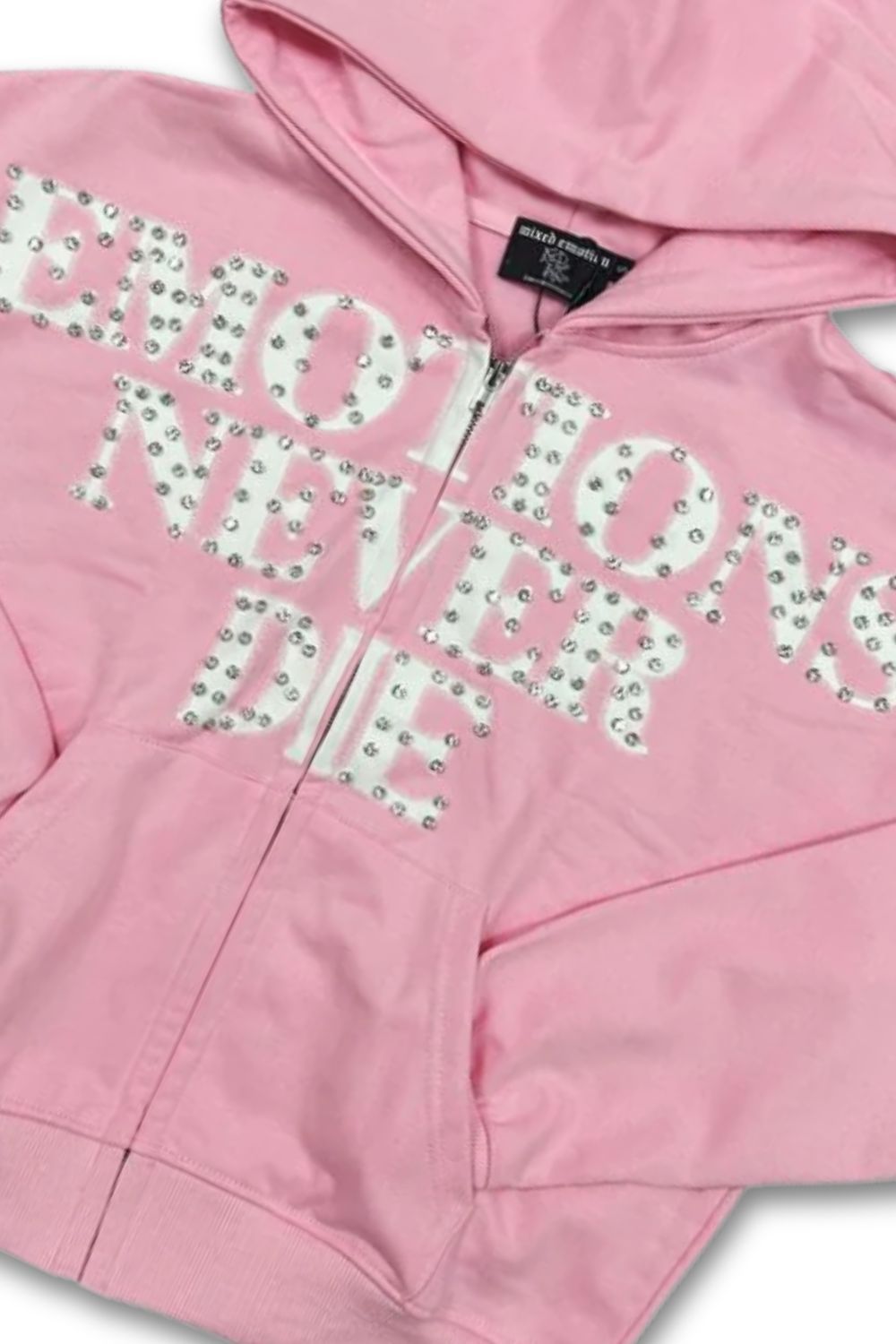 Mixed Emotions Emotions Never Die Rhinestone Zip Up Hoodie - Pink