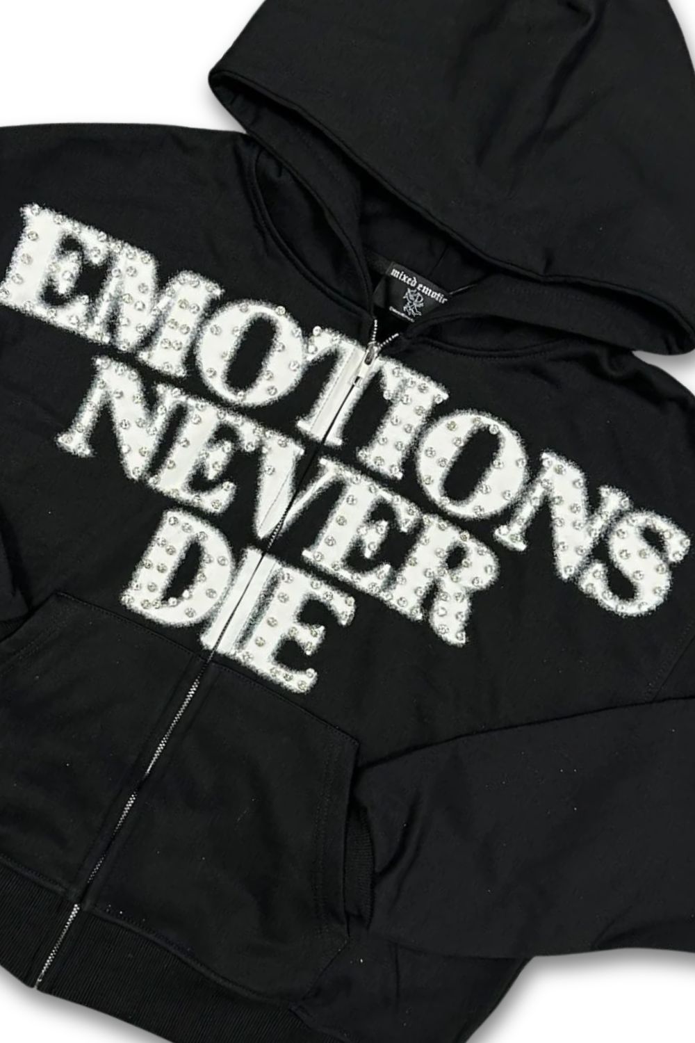 Mixed Emotions Emotions Never Die Rhinestone Zip Up Hoodie - Black