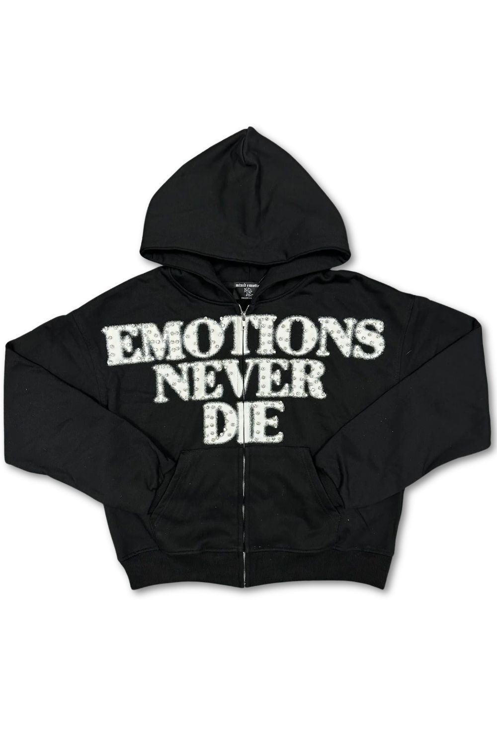 Mixed Emotions Emotions Never Die Rhinestone Zip Up Hoodie - Black