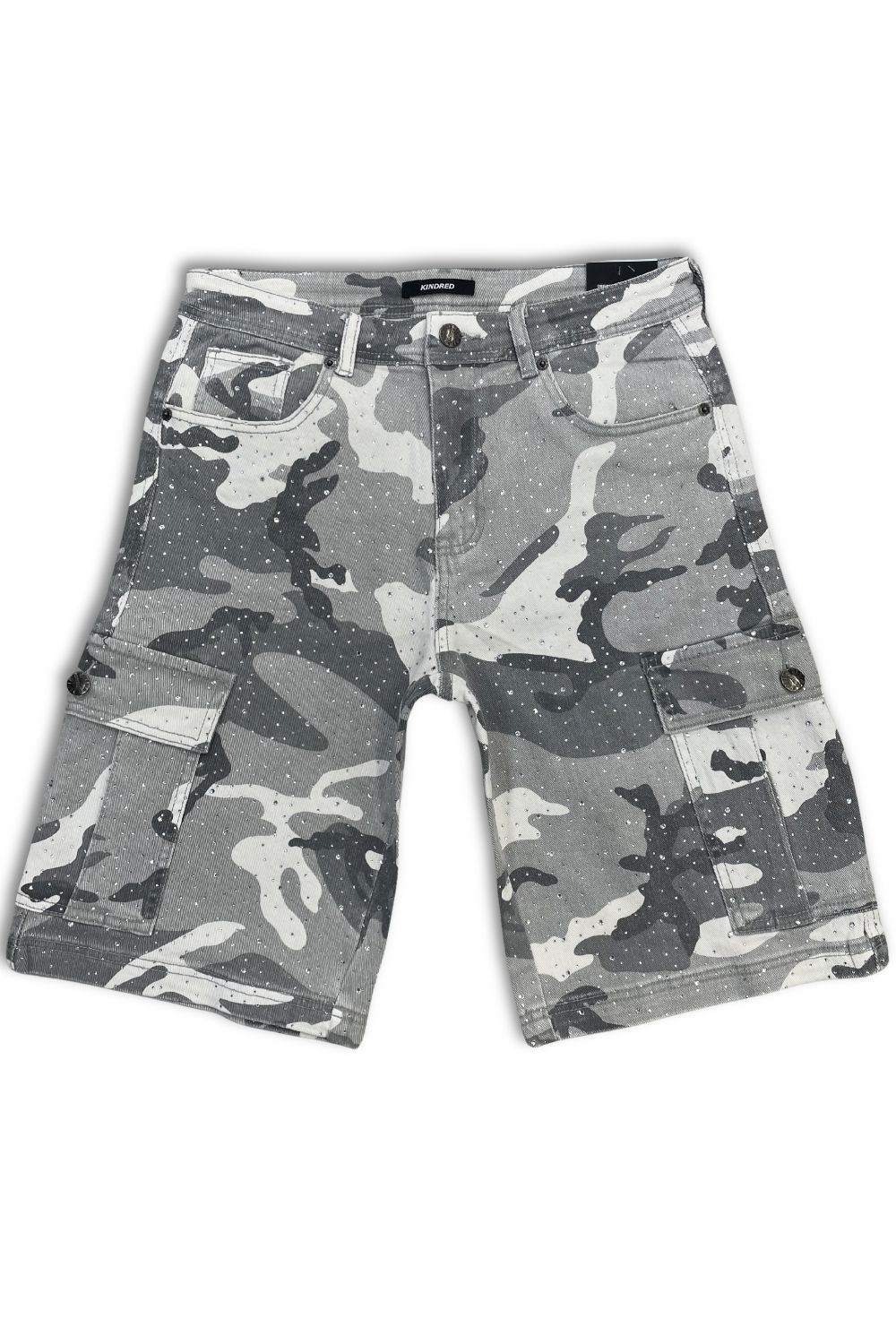 Kindred Rhinestone Cargo Jean Shorts - Grey/Camo