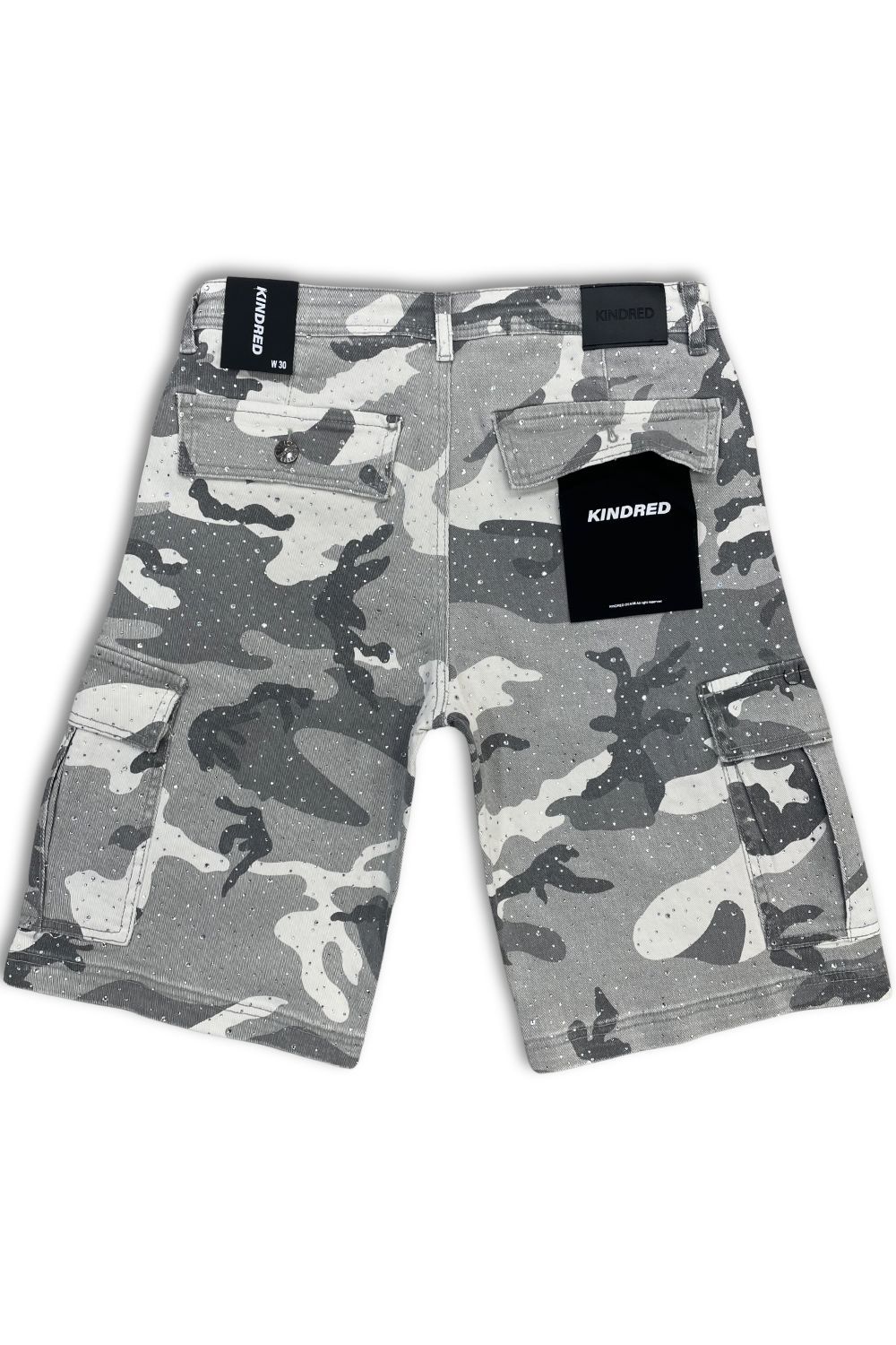 Kindred Rhinestone Cargo Jean Shorts - Grey/Camo