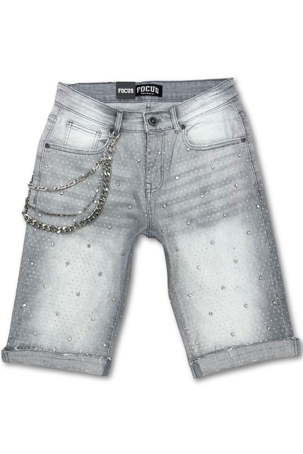 Focus Embellished Rhinestone Jean Shorts - Grey