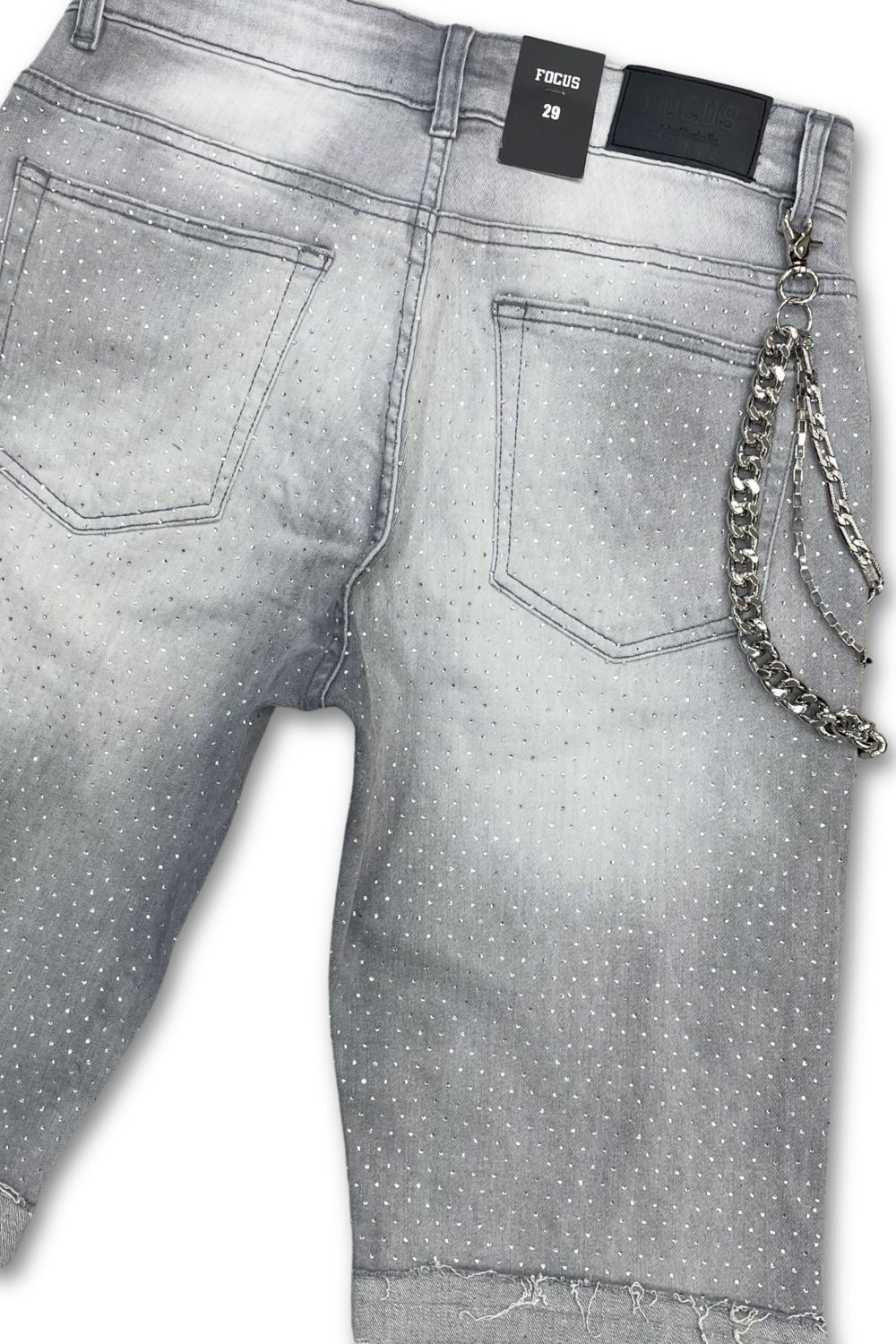 Focus Embellished Rhinestone Jean Shorts - Grey