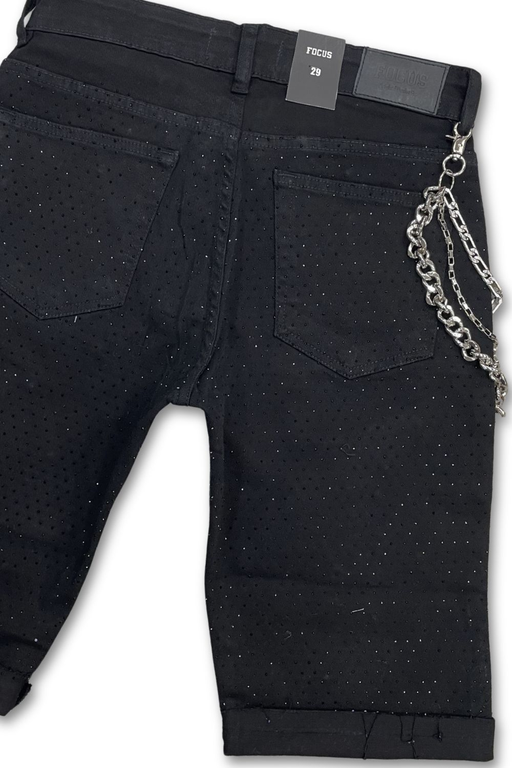 Focus Embellished Rhinestone Jean Shorts - Black