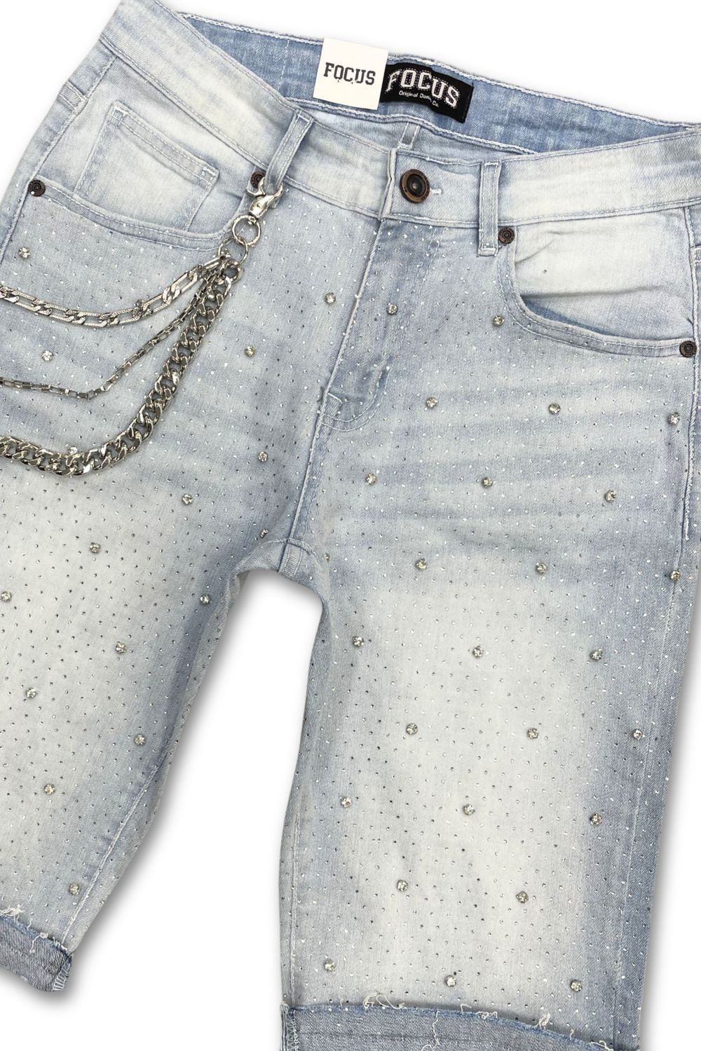 Focus Embellished Rhinestone Jean Shorts - Iced Blue