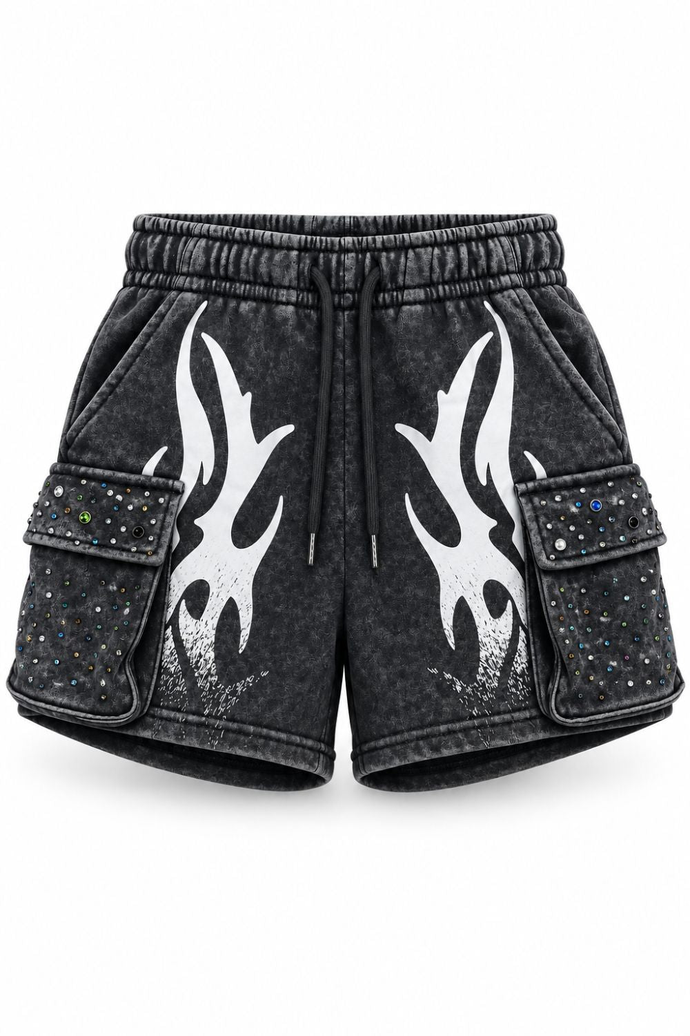 Womens Red Fox Embellished Rhinestone Shorts - Black