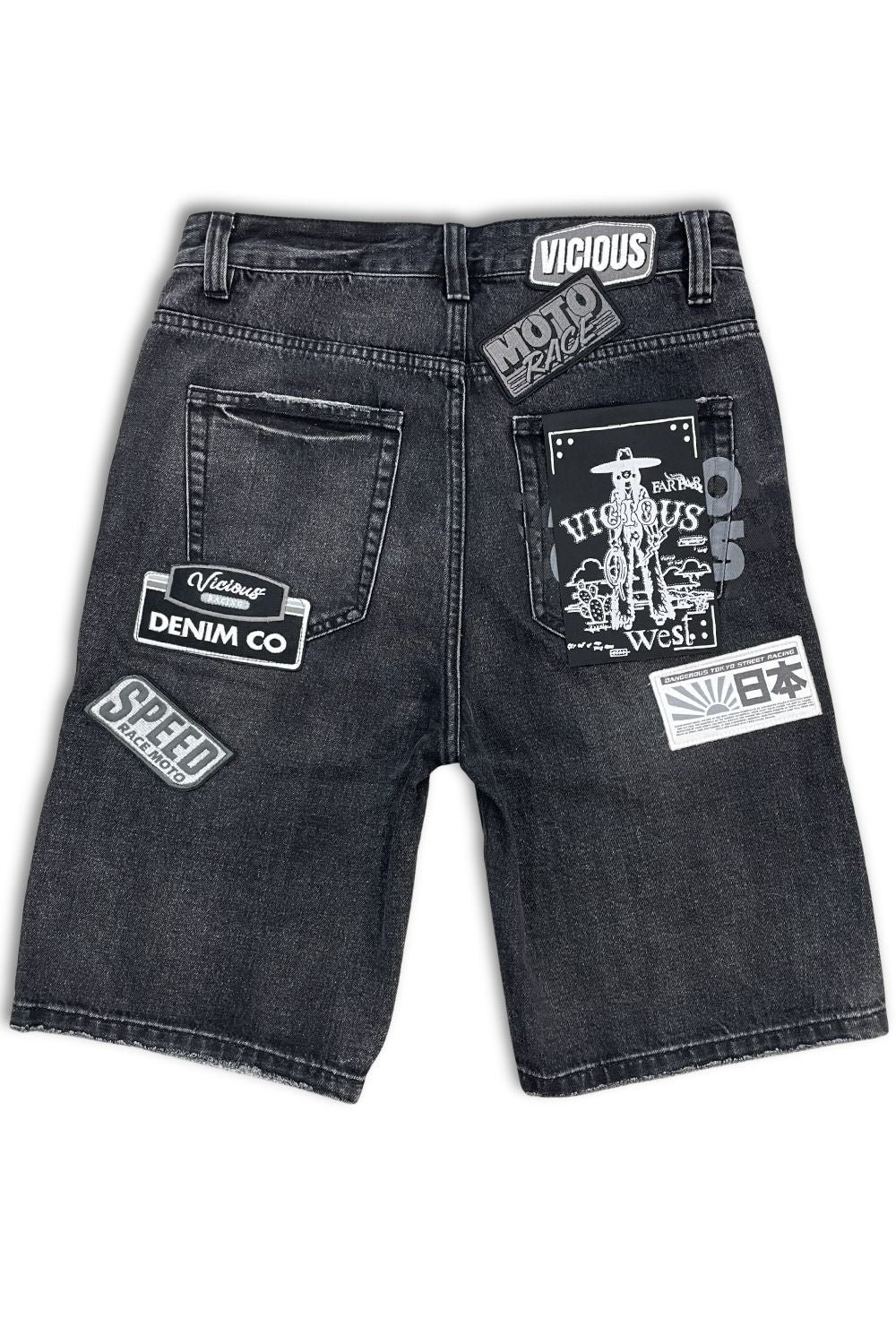 Vicious Patch Denim Jean Shorts - Black