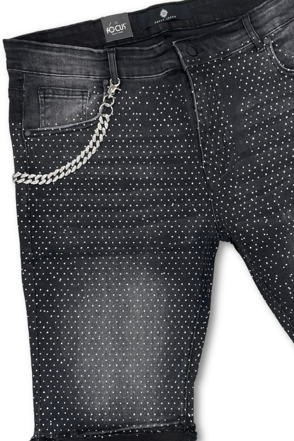Focus Rhinestone Jean Shorts - Black Wash