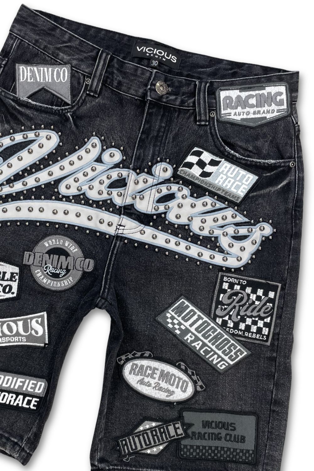 Vicious Patch Denim Jean Shorts - Black