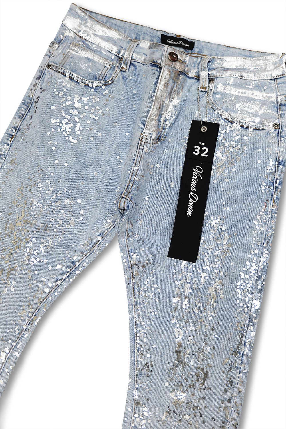 Vicious Denim -Silver Paint Splatter Stacked Jeans