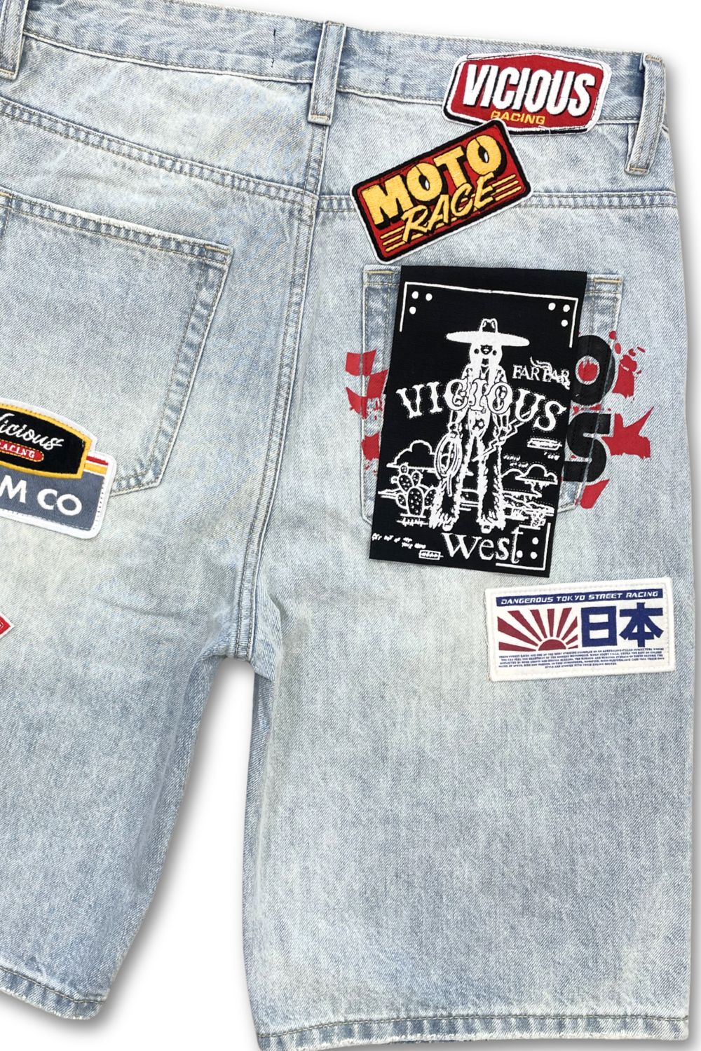 Vicious Patch Denim Jean Shorts - Blue