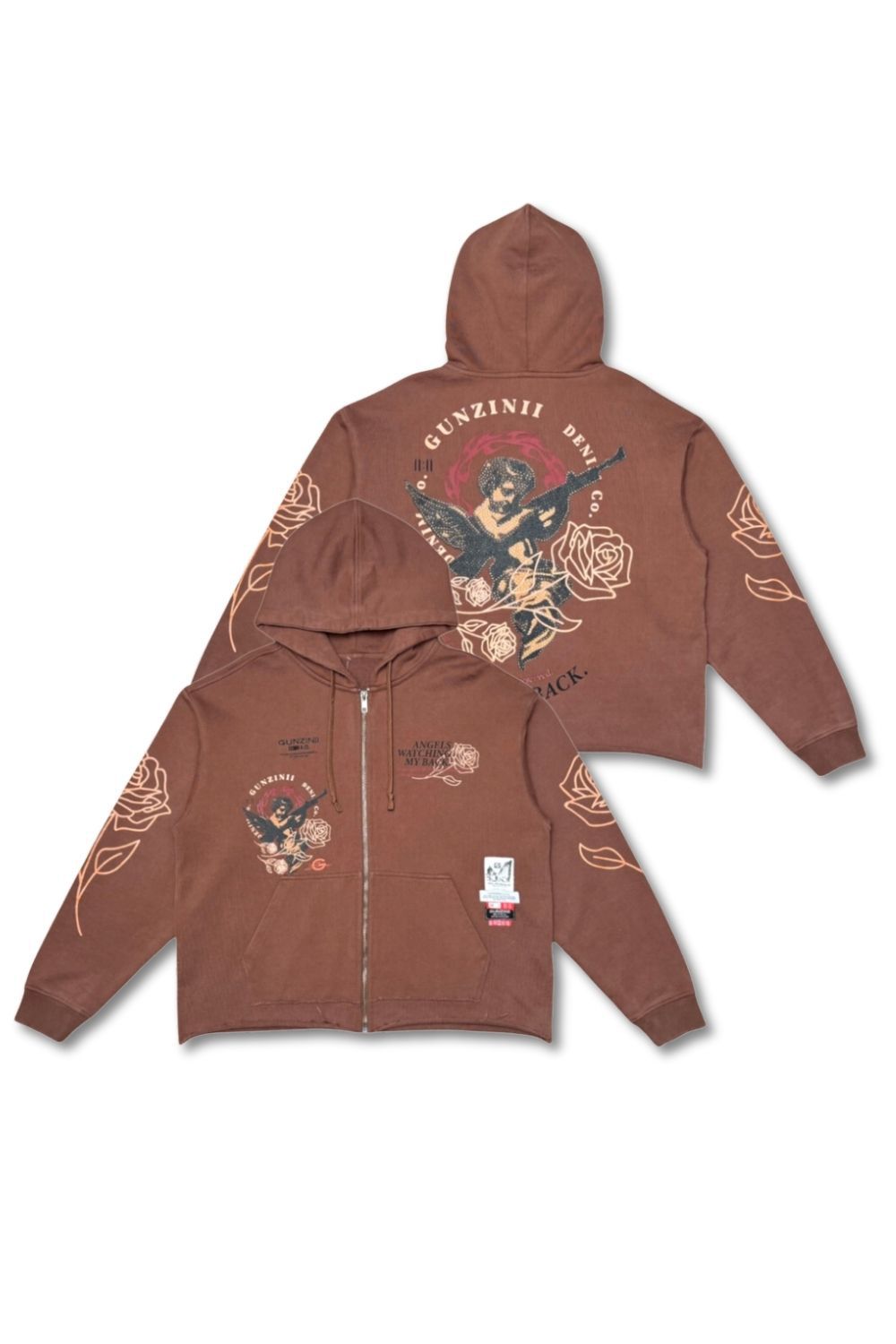 Gunzinii Angels Watching My Back Zip Up Hoodie-Brown