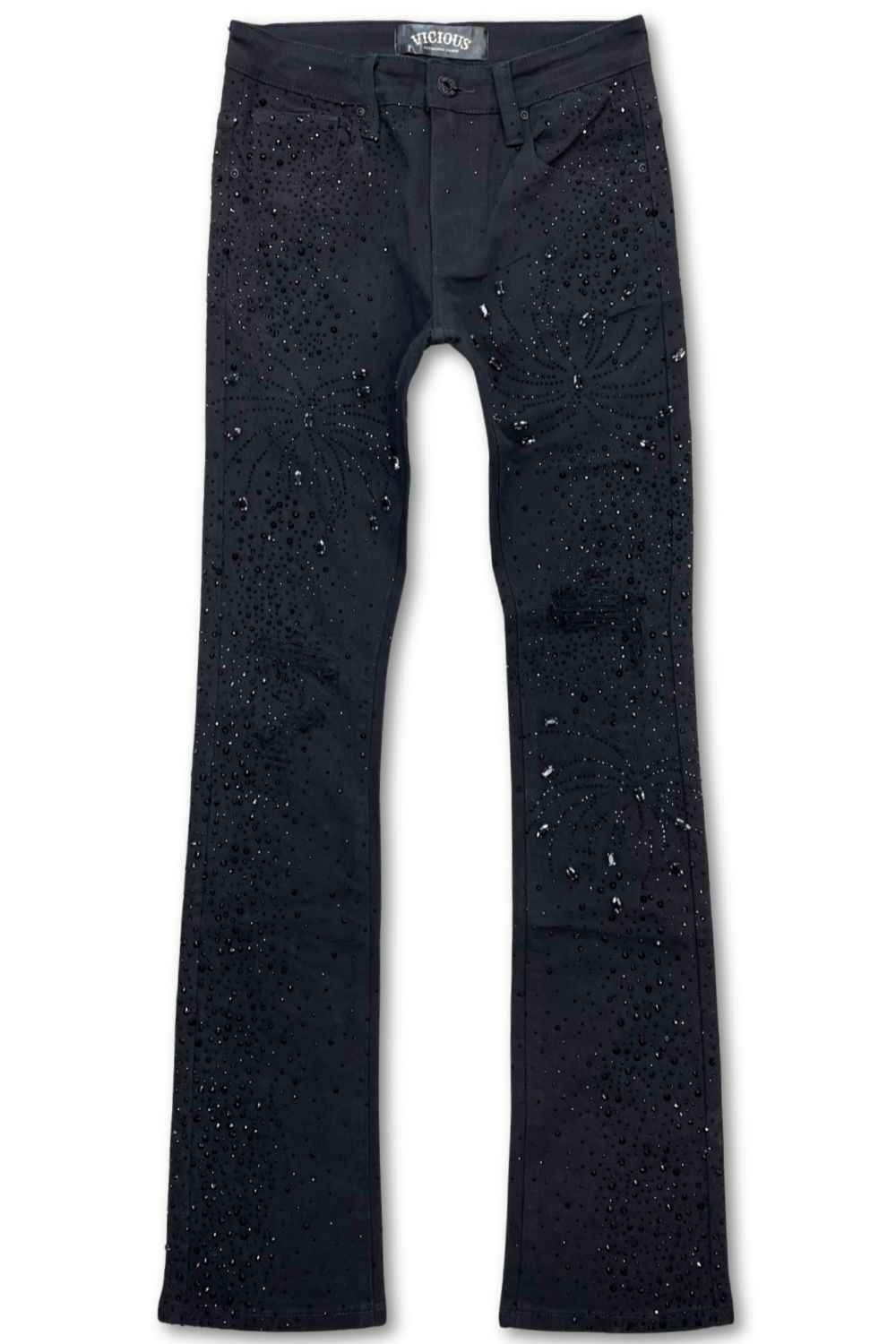 Vicious Denim Embellished Rhinestone Stacked Jeans - Black