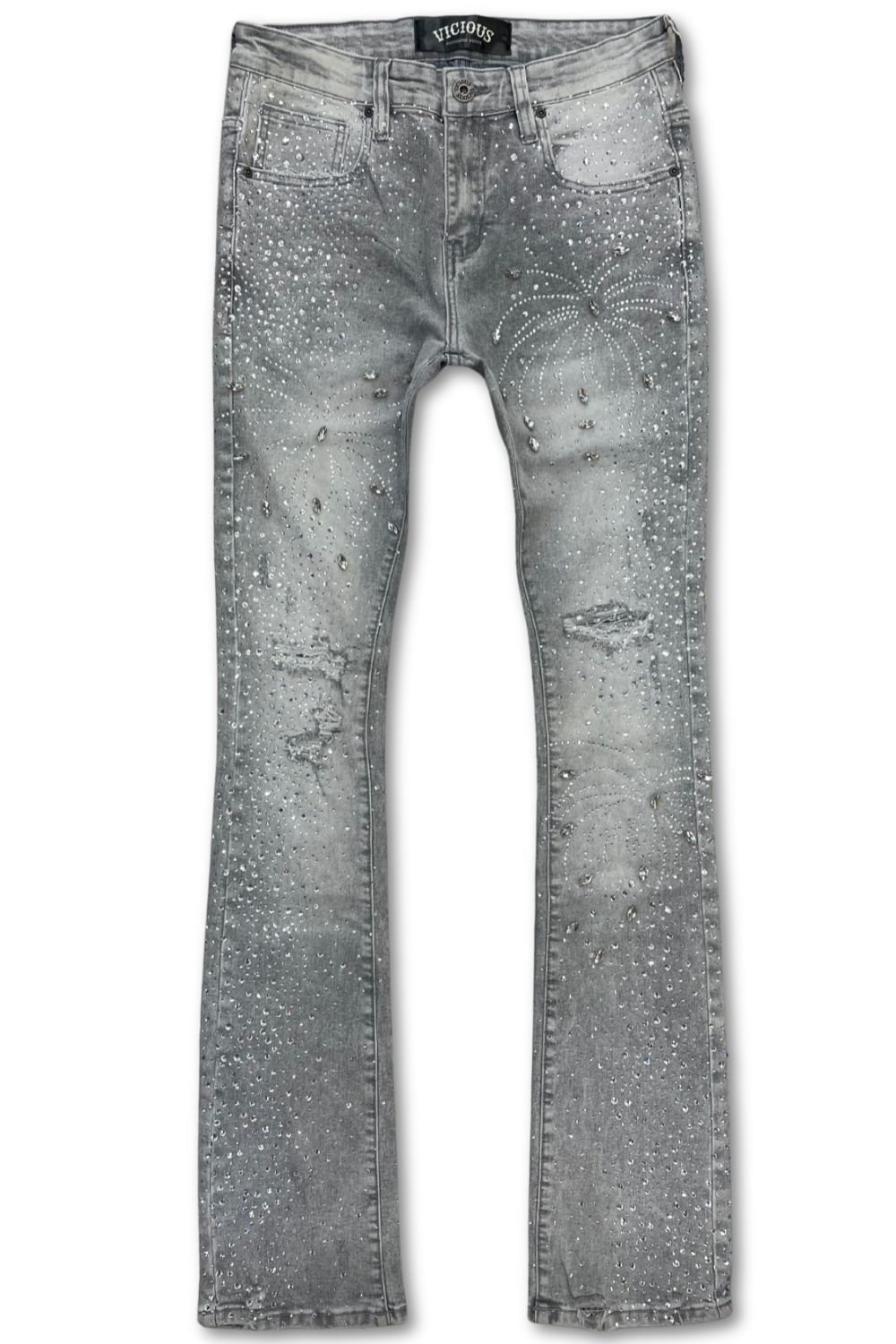 Vicious Denim Embellished Rhinestone Stacked Jeans - Grey