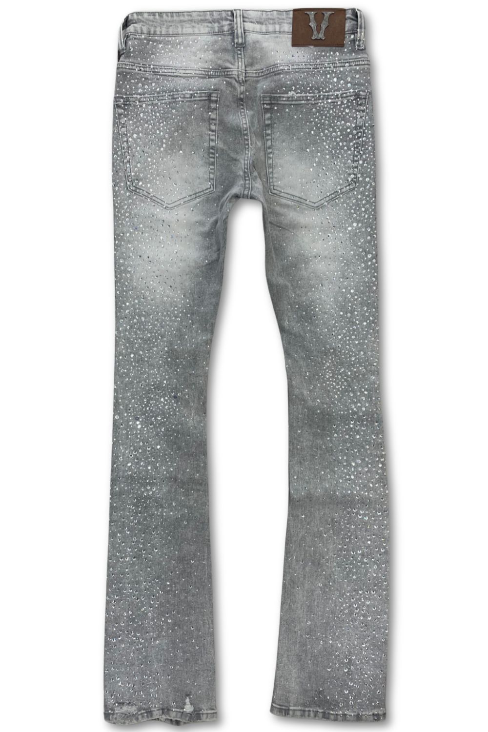 Vicious Denim Embellished Rhinestone Stacked Jeans - Grey