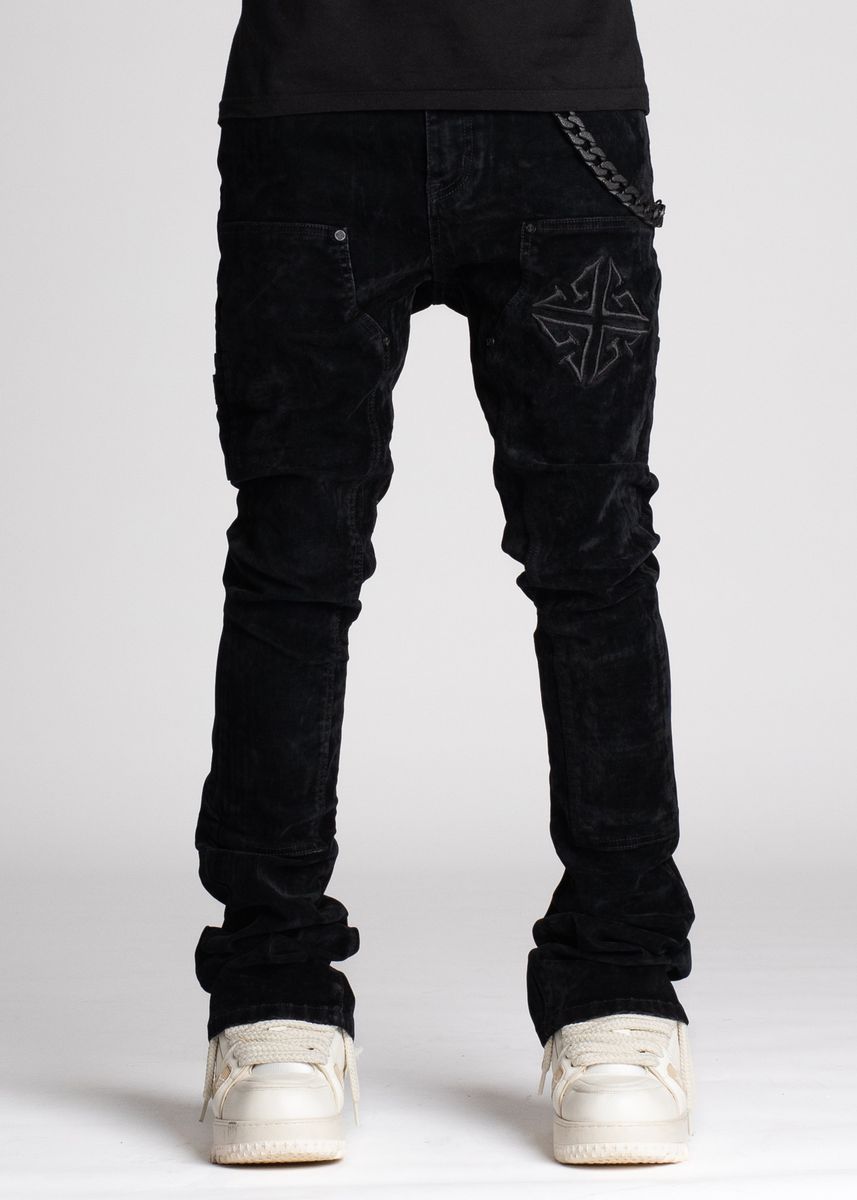 Guapi All Black Velour Denim Stacked Jeans