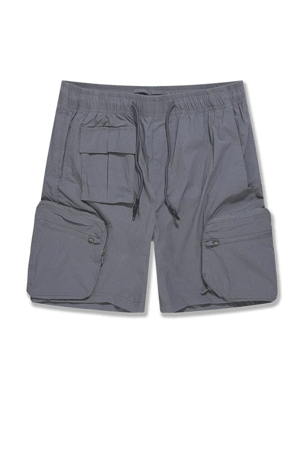 Gray shorts with multiple pockets on a white background