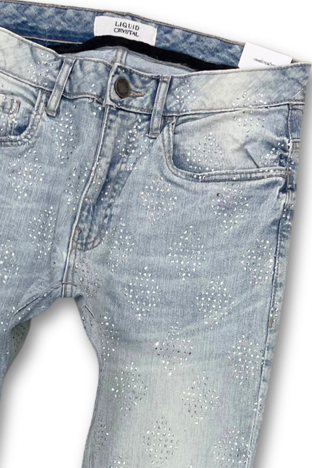 Liquid Crystal Rhinestone Stacked Jeans - Ice Blue