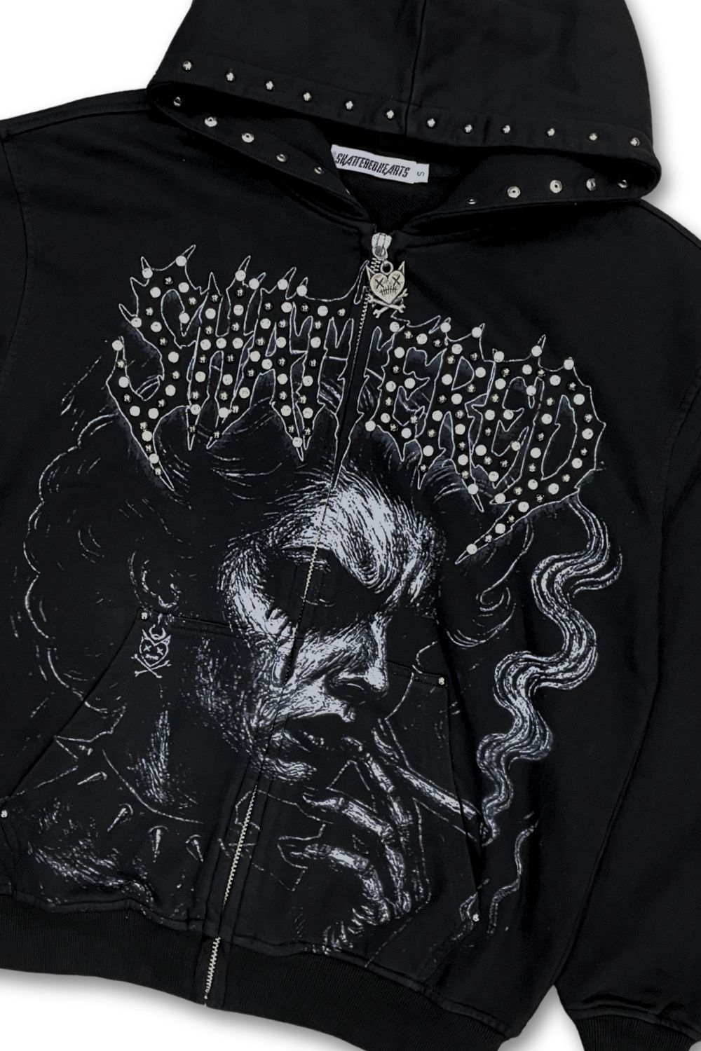 Shattered Hearts Anxiety Smokes Studded Zip-Up Hoodie