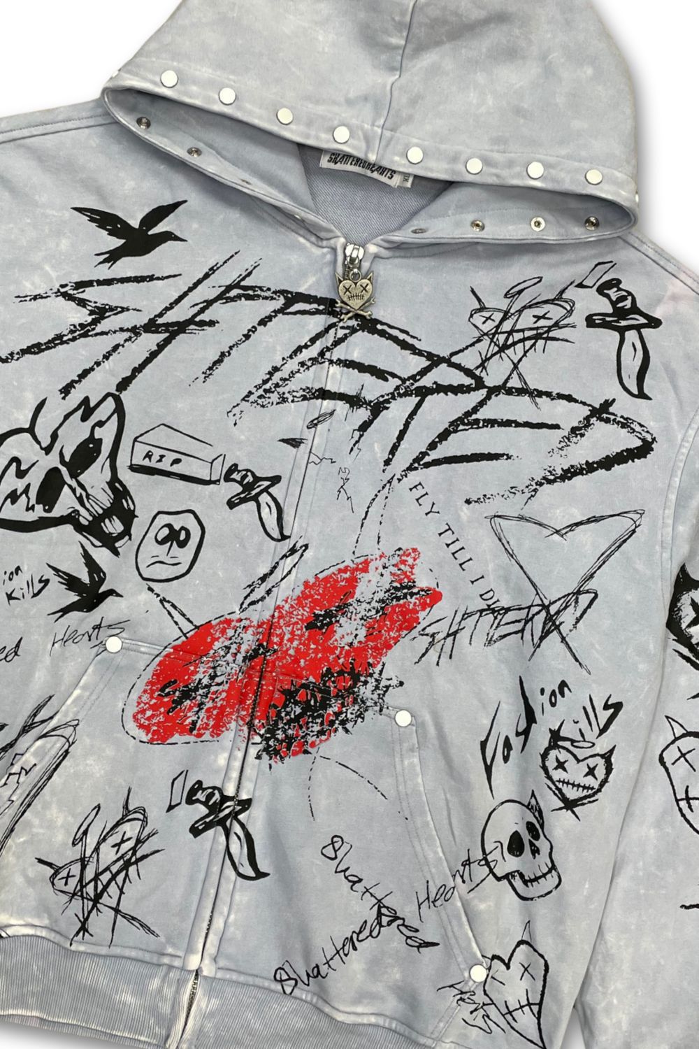 Shattered Hearts Doodle Studded Zip-Up Hoodie