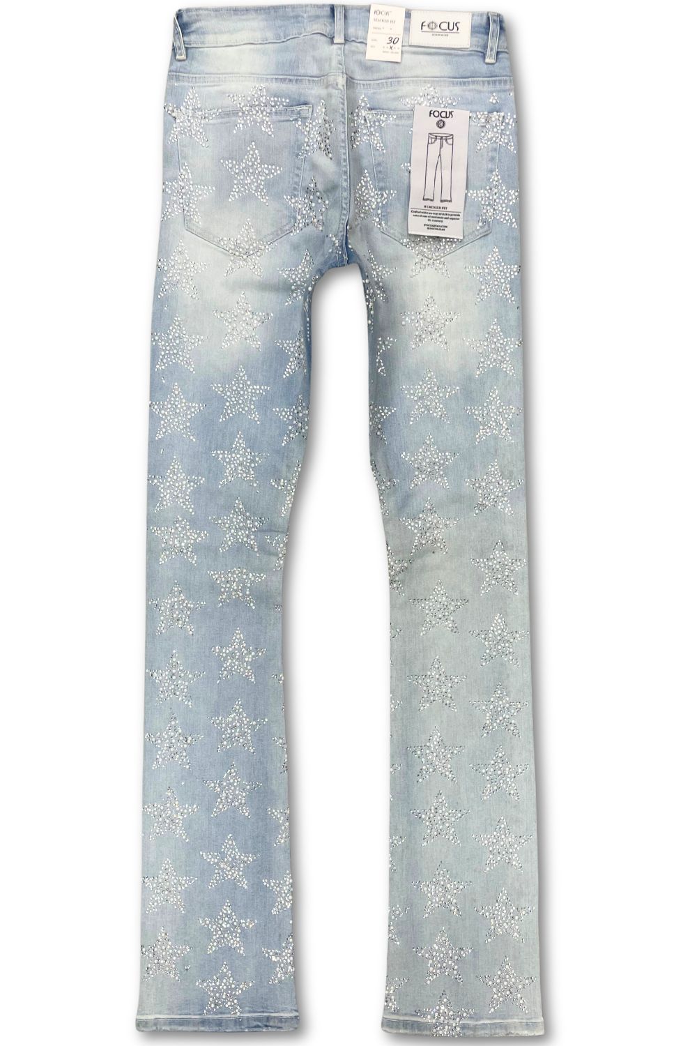 Focus Rhinestone Stars Stacked Jeans - Sky Blue
